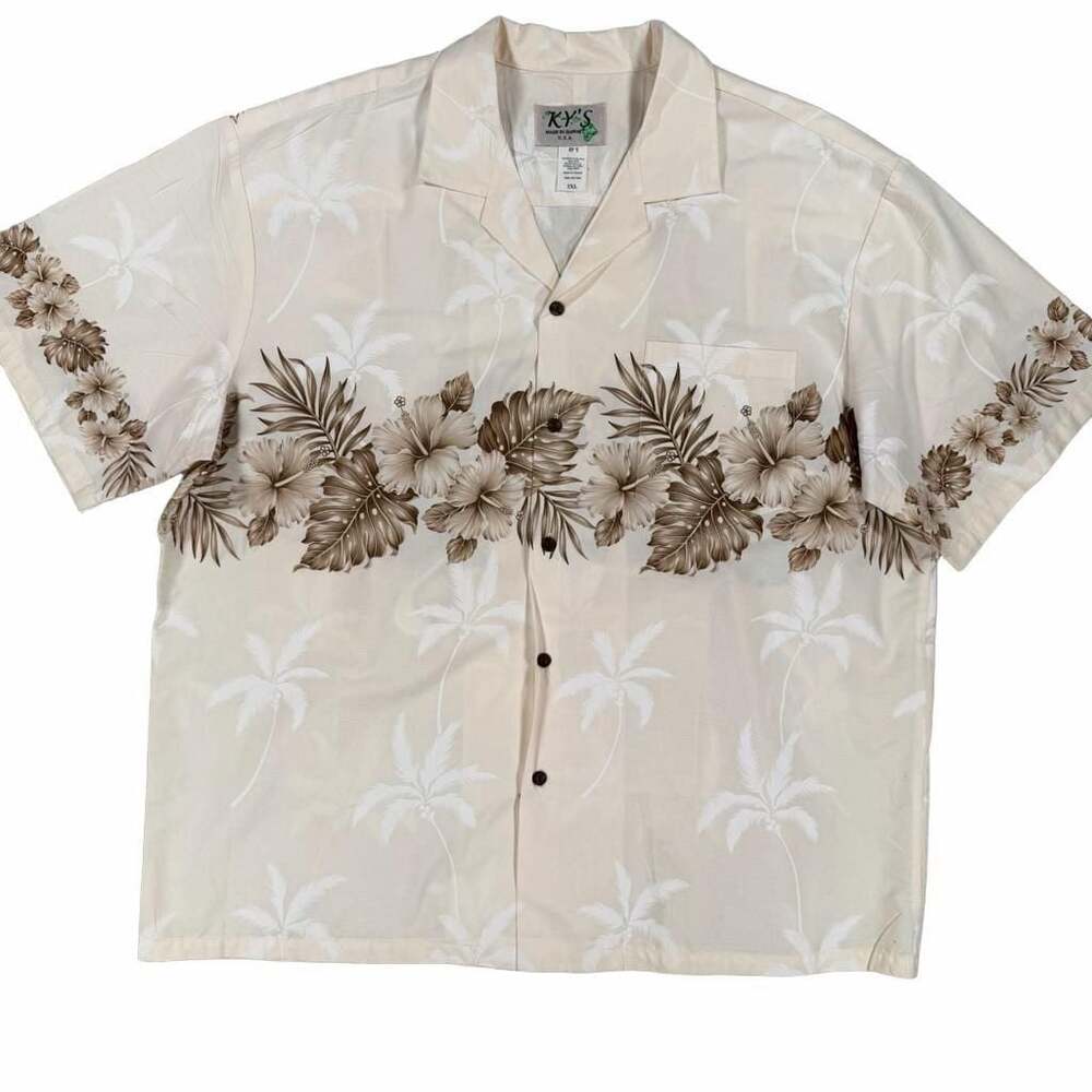 KY'S Made in Hawaii Men's 2XL Floral Hibiscus Border Hawaiian Shirt